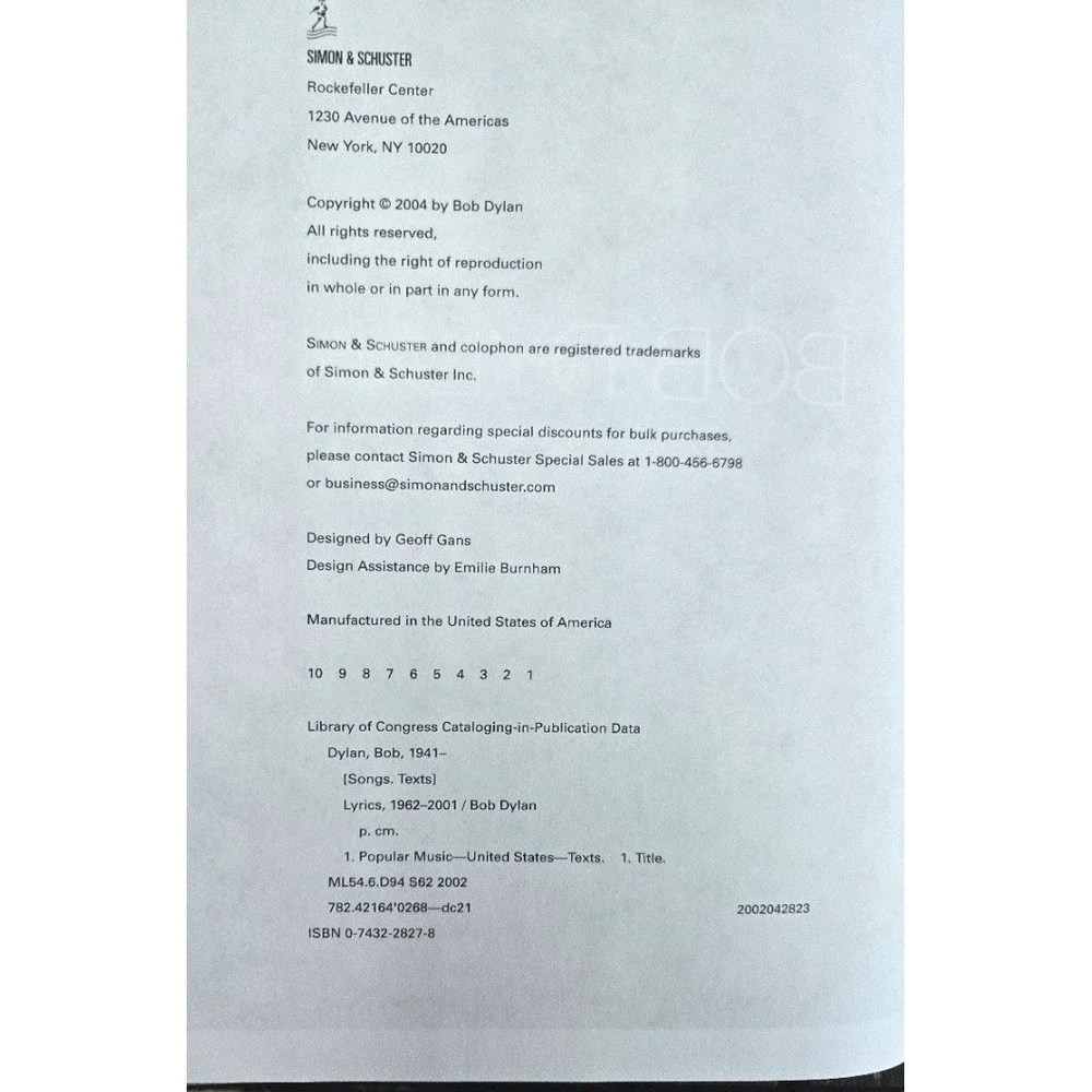 Bob Dylan Lyrics: 1962-2001 (2004 Hardcover, First Edition‎ First Printing)